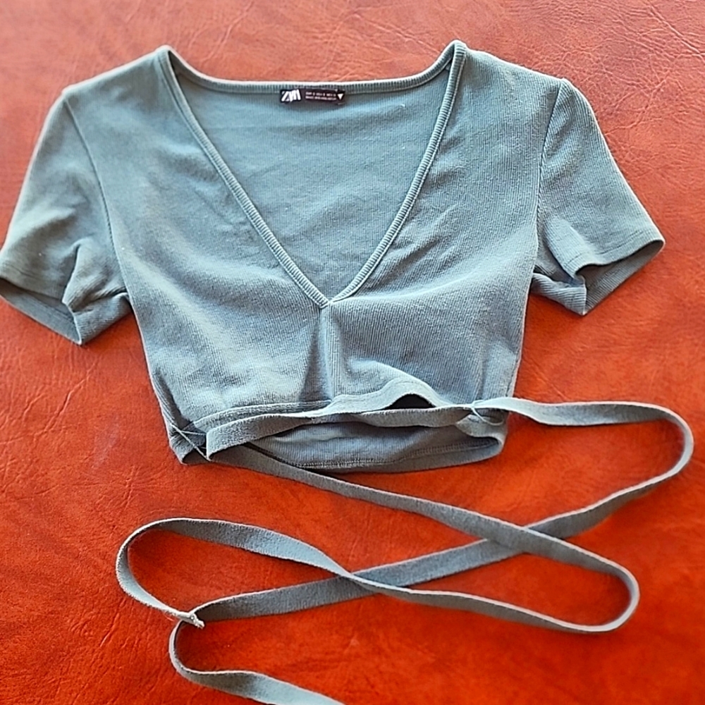 Zara Green Crop Top With Wrap Arpund Ties Small
